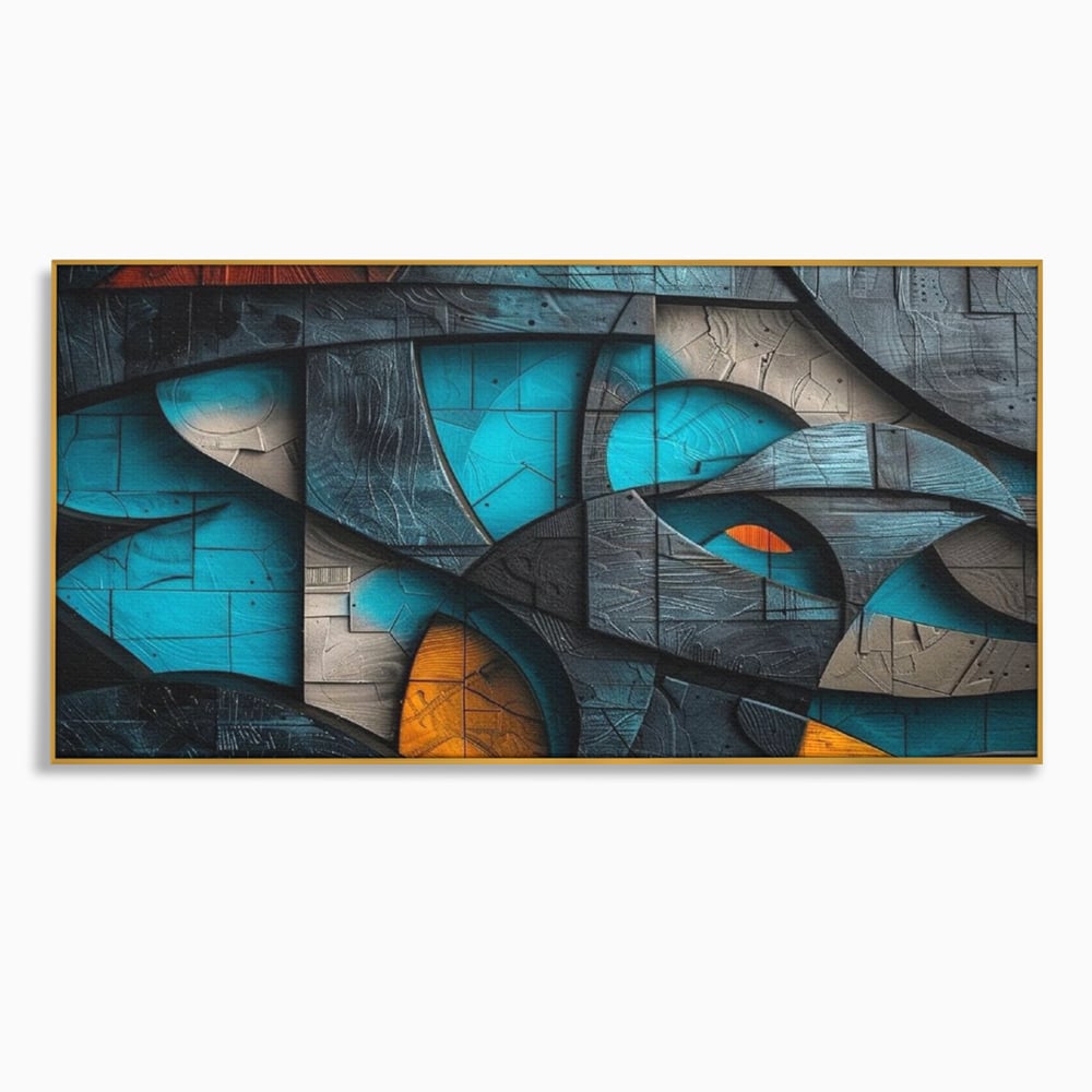 Tablou canvas cu tablou abstract cu forme geometrice din lemn, in rama de aluminiu auriu